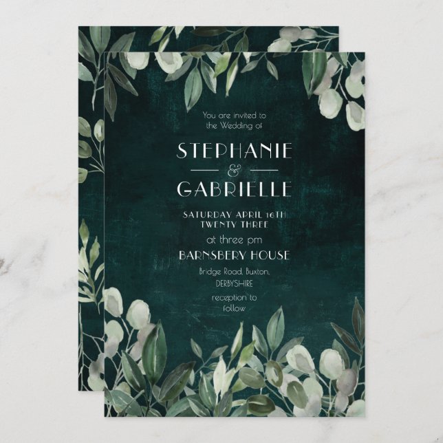 Invitation Élégantes botaniques de feuilles à l'aquarelle ver (Devant / Derrière)