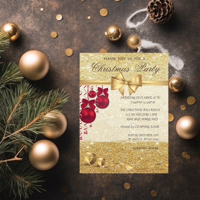 Invitation Élégantes boules de Noël, Glitterie, Fête de Noël (Créateur téléchargé)