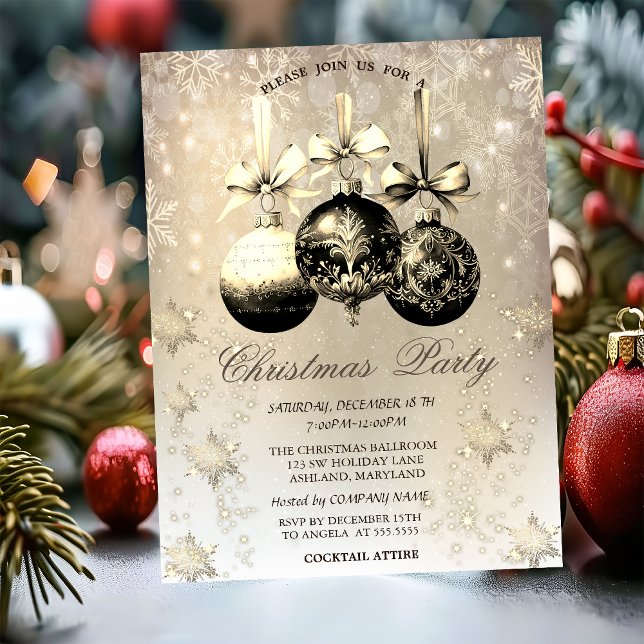 Invitation Élégantes boules de Noël Snowflakes Gold (Créateur téléchargé)