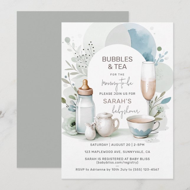 Invitation Elégantes bulles et Baby shower de thé vert (Devant / Derrière)