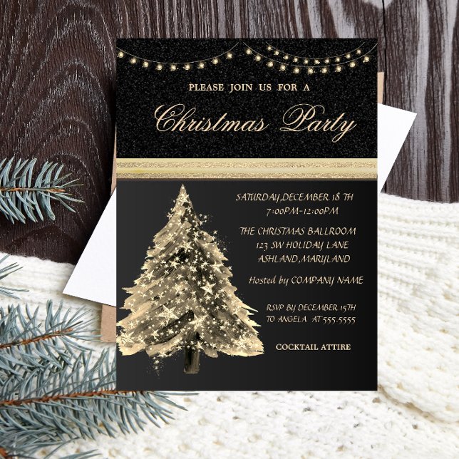 Invitation Elégantes Étoiles Arbre de Noël, Noir, Fête de Noë (Créateur téléchargé)