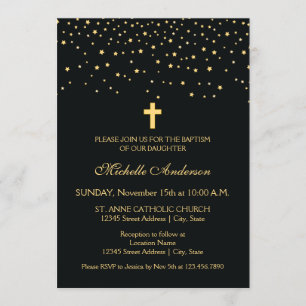 Invitation Élégantes étoiles noires et d'or Baptême de baptêm