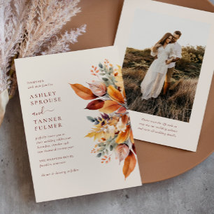 Invitation Élégantes Feuilles d'Automne Mariage Photo QR Code