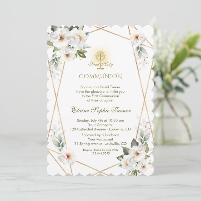 Invitation Élégantes Fleurs blanches Or Première Sainte Commu (Debout devant)
