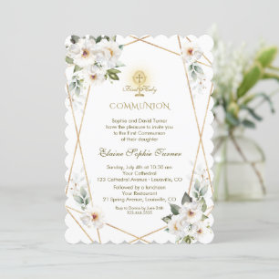 Invitation Élégantes Fleurs blanches Or Première Sainte Commu