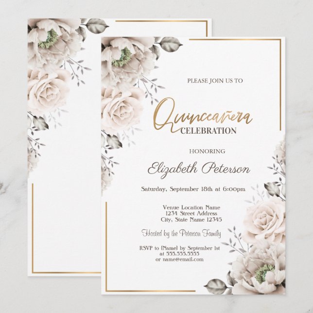 Invitation Elégantes fleurs blanches Quinceañera (Devant / Derrière)