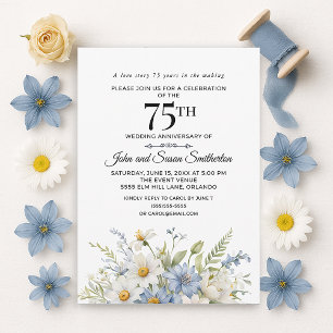 Invitation Élégantes Fleurs Bleu Poussiéreux Blanc 75e Annive
