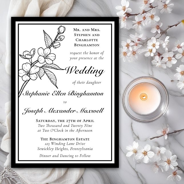 Invitation Élégantes Fleurs de Printemps Noir et Blanc Mariag (Elegant Line Art Spring Blossoms Floral Formal Wedding Black | White Invitations = Print | DIgital)