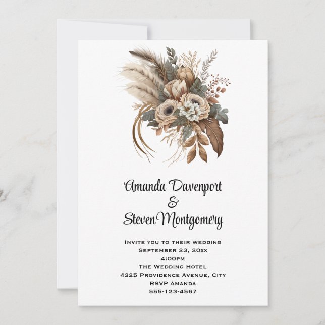 Invitation Élégantes Fleurs Foliage et Plumes Mariage (Devant)