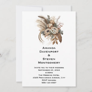Invitation Élégantes Fleurs Foliage et Plumes Mariage