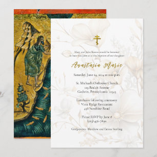 Invitation Élégantes Fleurs Orthodoxes Baptême en Or et Ivoir