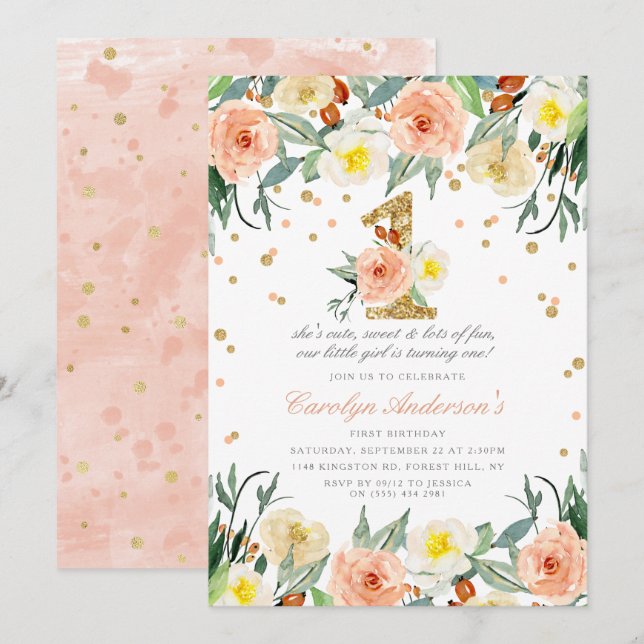 Invitation Élégantes Florales Filles 1er Anniversaire Invitat (Devant / Derrière)