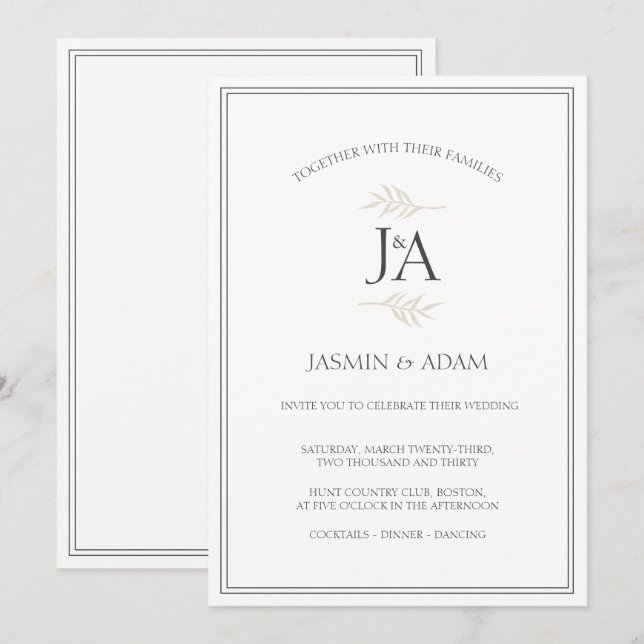 Invitation Élégantes Initiales Classiques Mariage Simple Blan (Devant / Derrière)