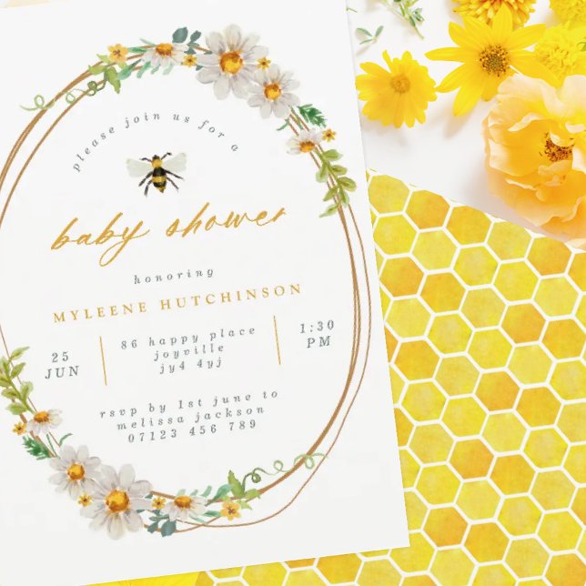 Invitation Élégantes marguerites d'été et Baby shower d'abeil (Créateur téléchargé)
