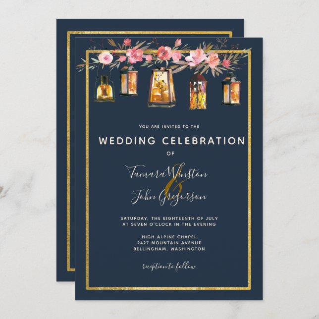 Invitation Élégantes Peonies Lanternes rustiques Marine Coral (Devant / Derrière)