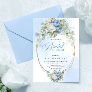Invitation Élégantes pivoines bleu poussiéreux eucalyptus or