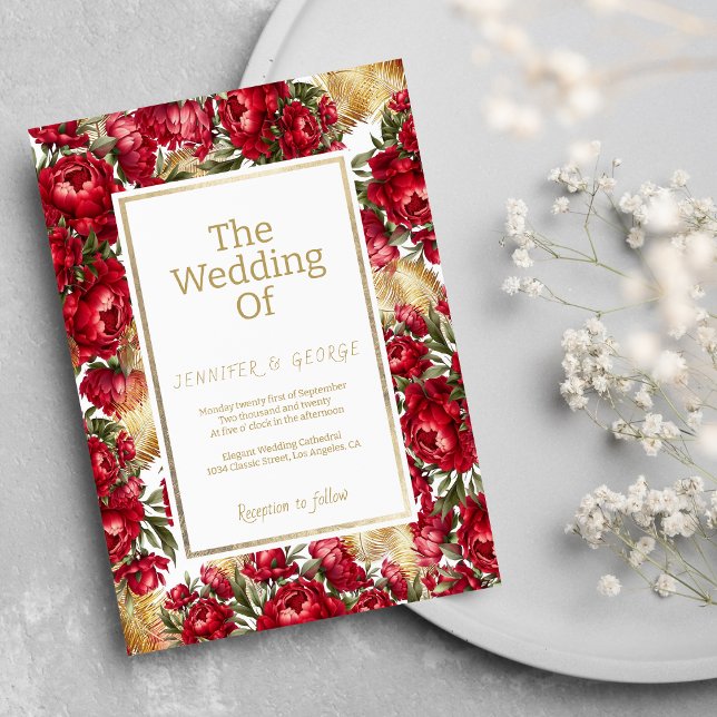 Invitation Élégantes pivoines florales rouges or vert pour ma (Elegant red gold green peonies floral wedding)
