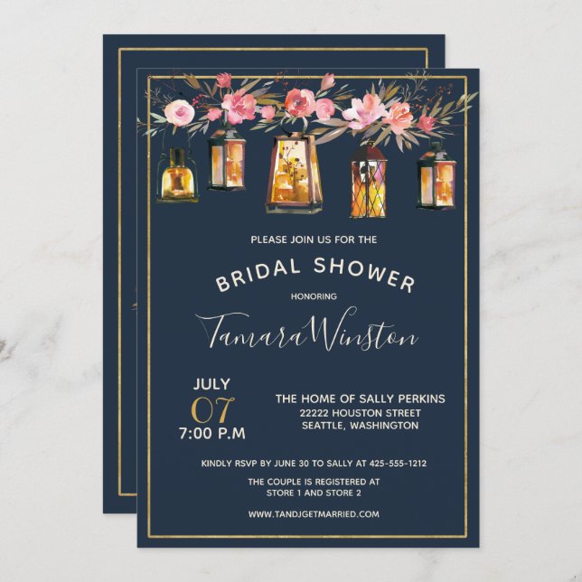 Invitation Élégantes pivoines Lanternes rustiques Marine Cora (Devant / Derrière)