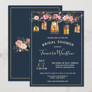 Invitation Élégantes pivoines Lanternes rustiques Marine Cora