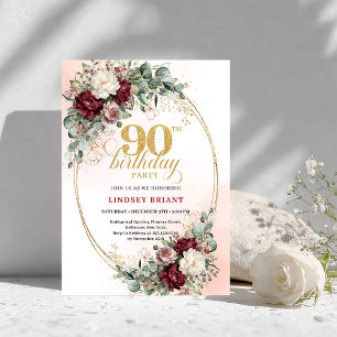 Invitation Élégantes Pivoines Marsala Eucalyptus 90e Annivers