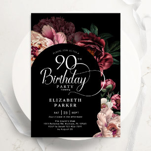 Invitation Élégantes pivoines roses de Bourgogne pour 90e ann