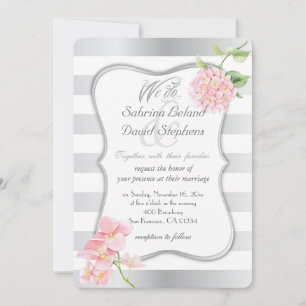 Invitation Élégantes rayures d'argent et Hydrangées roses