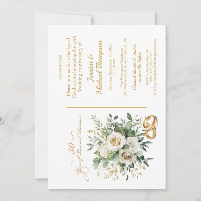 Invitation Élégantes Roses Blanches de 50e Anniversaire avec  (Devant)