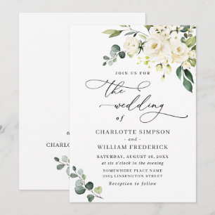 Invitation Élégantes Roses Blanches d'Eucalyptus et Verdure d