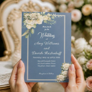 Invitation Élégantes roses blanches et bleu poussiéreux, flor