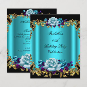 Invitation Elegantes Roses Bleu Turquoise Doré Violet Anniver
