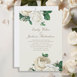 Invitation Élégantes roses botaniques blanches florales crème