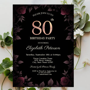 Invitation Élégantes Roses Bourguignon Foncé 80e Anniversaire