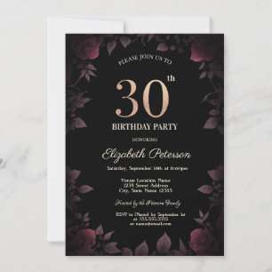 Invitation Élégantes Roses Bourguignon Foncé Noir 30e Anniver