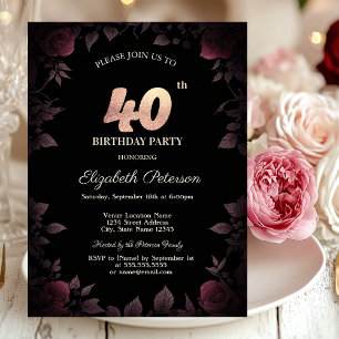 Invitation Élégantes Roses Bourguignon Foncé Noir 40e Anniver