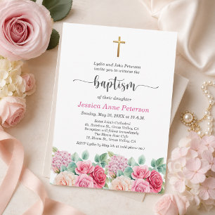 Invitation Élégantes Roses de la Croix en Or Fleur Baptême