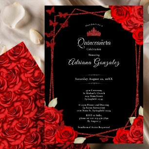 Invitation Élégantes Roses et Couronne Rouge Quinceanera
