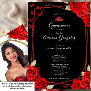 Invitation Élégantes Roses et Couronne Rouge Quinceanera