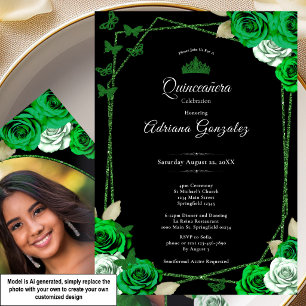 Invitation Élégantes Roses et Couronne Verte Quinceanera