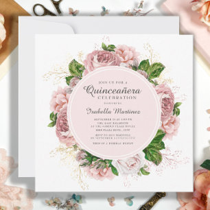 Invitation Élégantes Roses Fardées Rose Floral Blanc Quinceañ