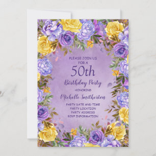 Invitation Élégantes Roses Fuschia et Jaunes Pivoines 50e Ann
