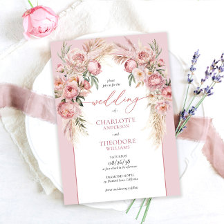 Invitation Élégantes Roses Fuschia Herbe de Pampas Fleurie Ma