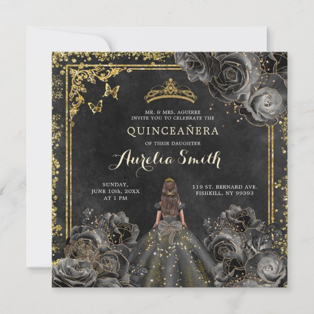 Invitation Élégantes Roses Noires et Or Princesse Quinceañera (Devant)