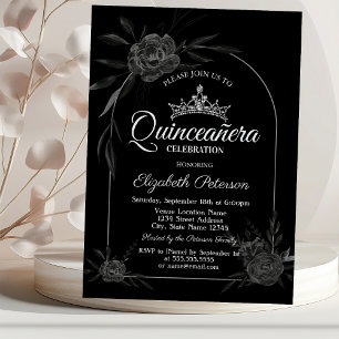 Invitation Élégantes Roses Noires Quinceañera Gothique Sombre