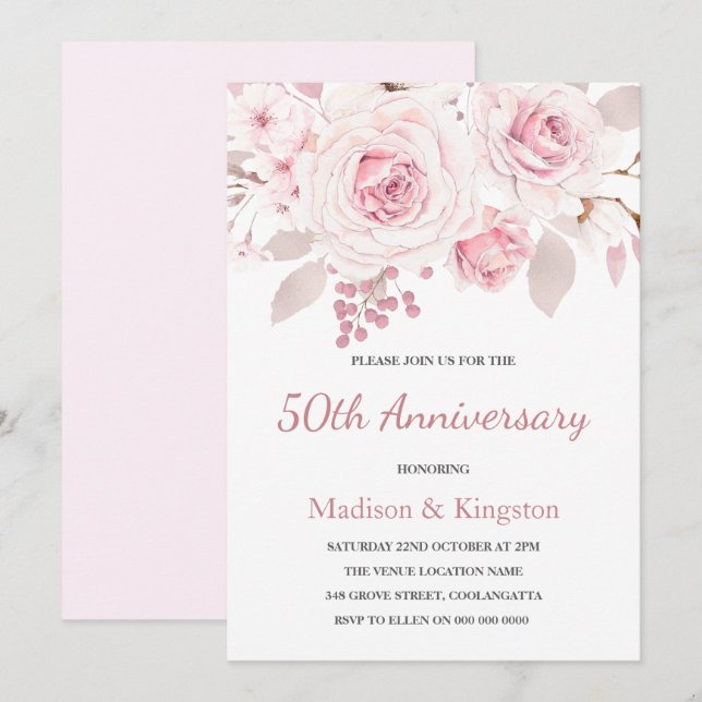 Invitation Élégantes Roses Roses Blush pour 50 ans de Mariage (Devant / Derrière)