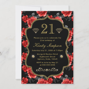 Invitation Elegantes roses rouges et noires avec cadre doré p