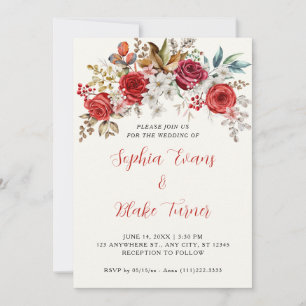Invitation Élégantes Roses Rouges Florales Crème Blanche Mari