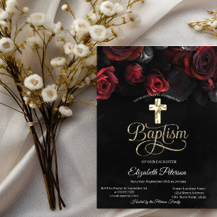 Invitation Élégantes roses rouges gothiques baptême noir