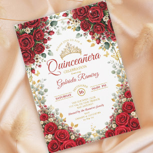 Invitation Élégantes Roses Rouges Papillons Dorés Quinceañera