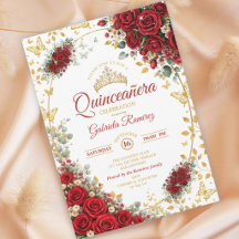 Élégantes Roses Rouges Papillons Dorés Quinceañera
