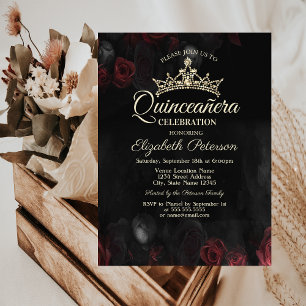 Invitation Élégantes Roses Rouges Quinceañera Gothique